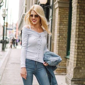 GUESS Baby blue off the shoulder sweater